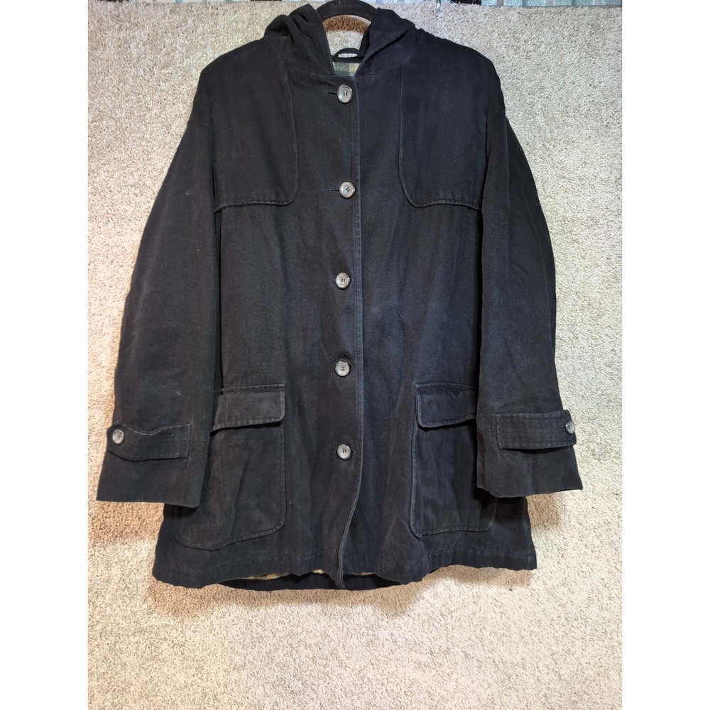 London Fog Womens Black‎ Hooded Snap Front Jacket 2X Reg Plaid Lined Outerwear